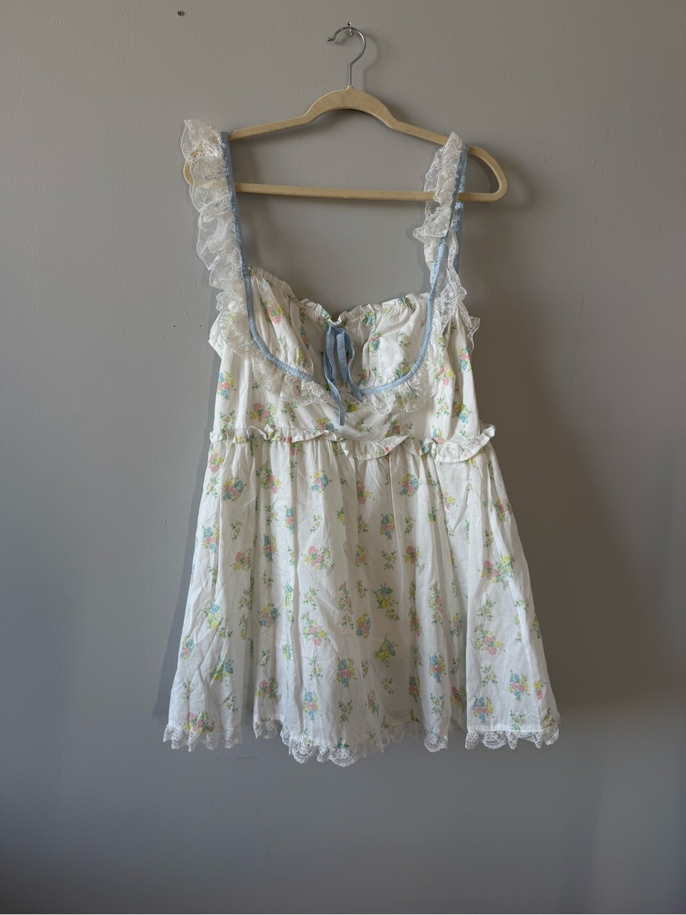 For Love And Lemons White Floral Lace-Trim Mini Dress with Blue Accents